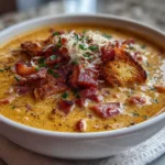 Bowl of Creamy Reuben Soup with Rye Croutons