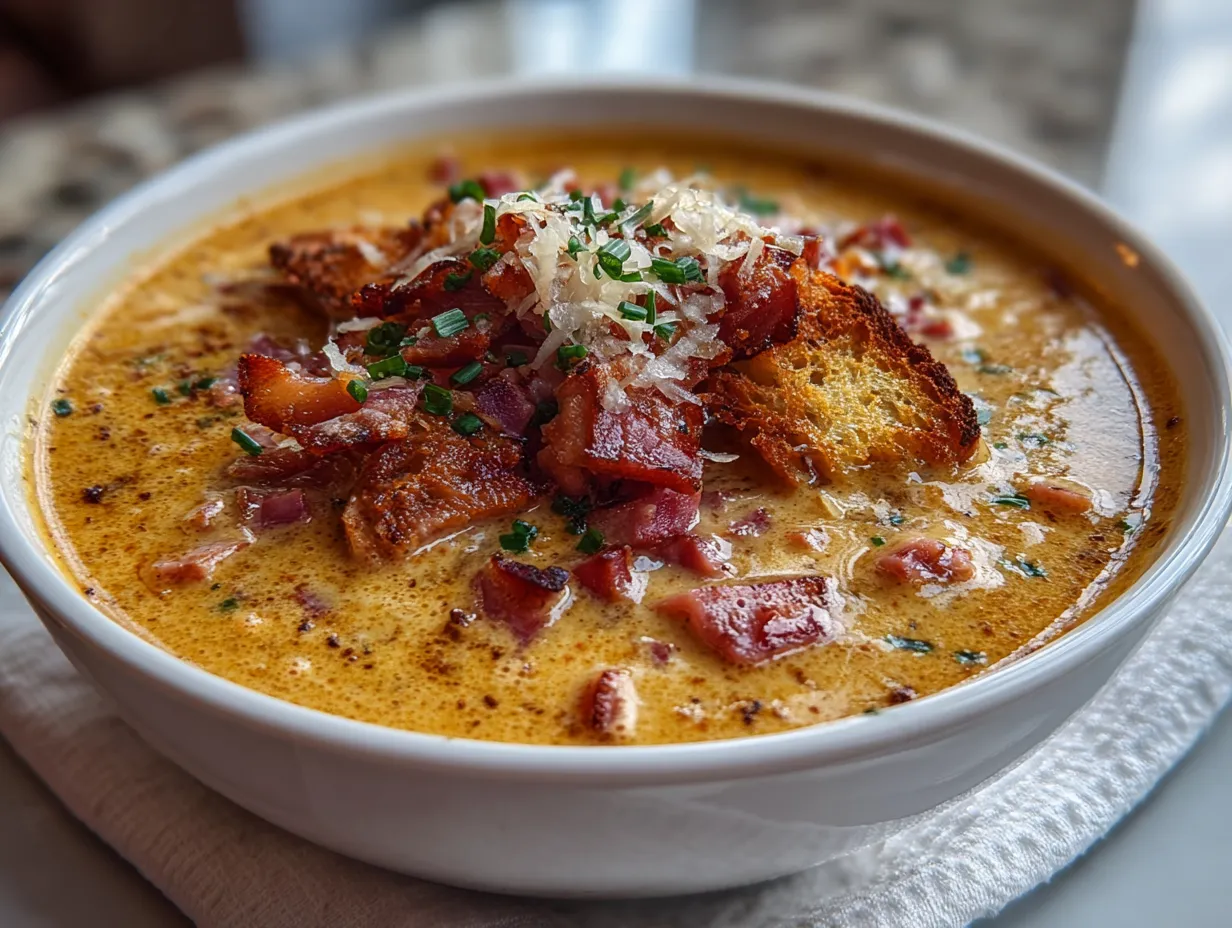Bowl of Creamy Reuben Soup with Rye Croutons