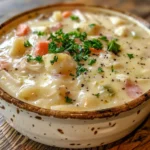 Chicken Cordon Bleu Soup on a Rustic Table