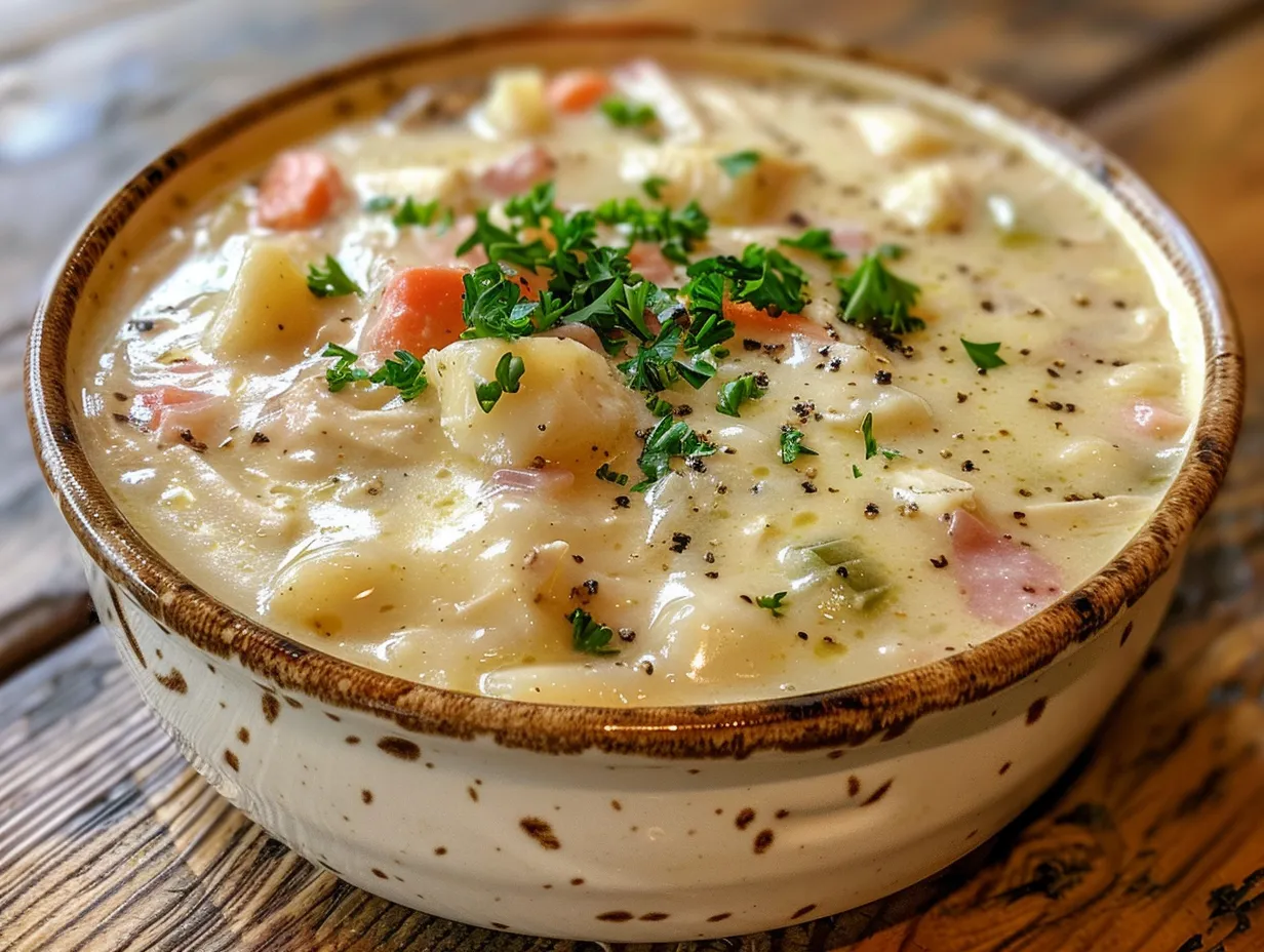 Chicken Cordon Bleu Soup on a Rustic Table