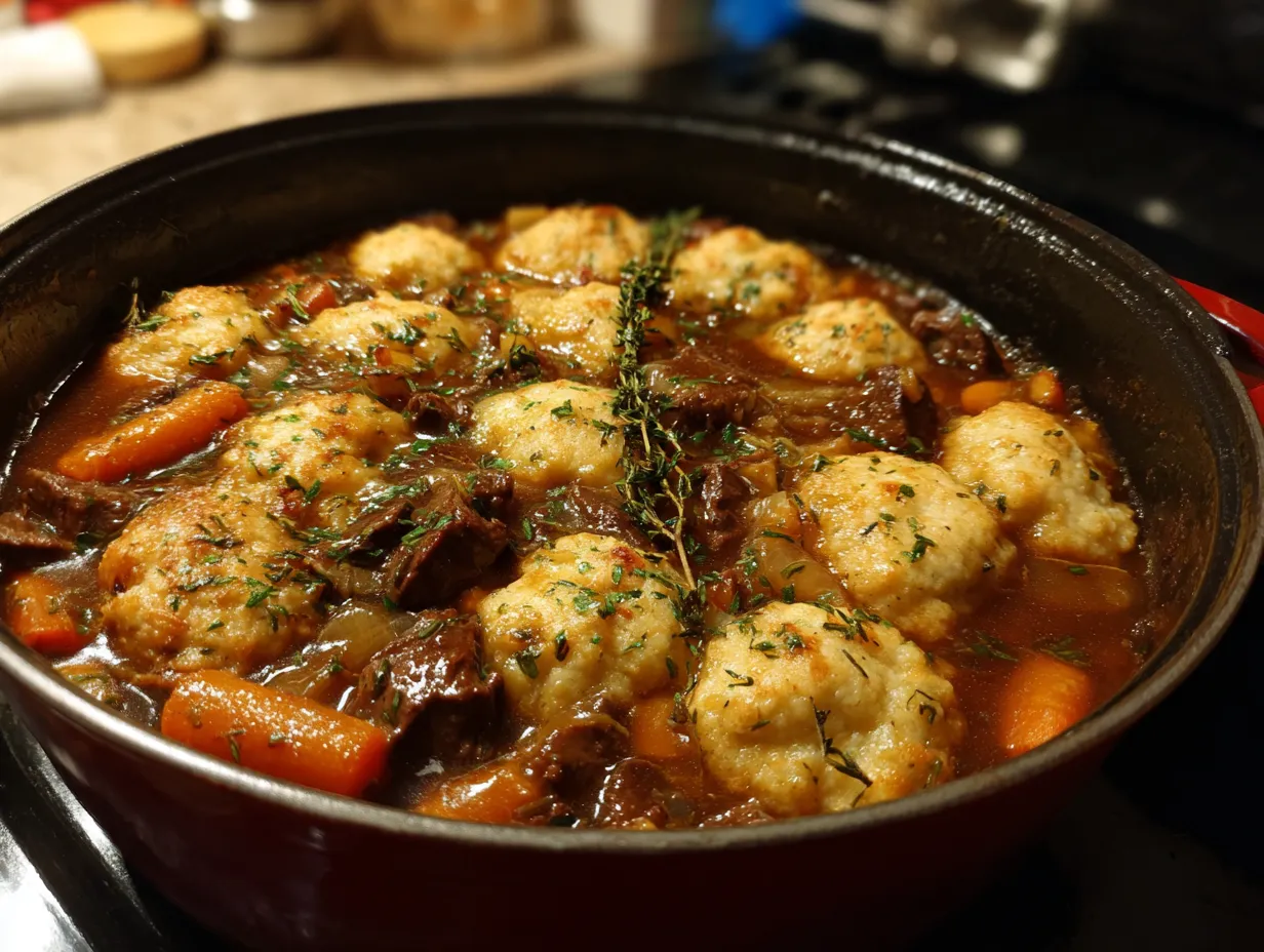 A bowl of finished beef stew and dumplings with a spoon.