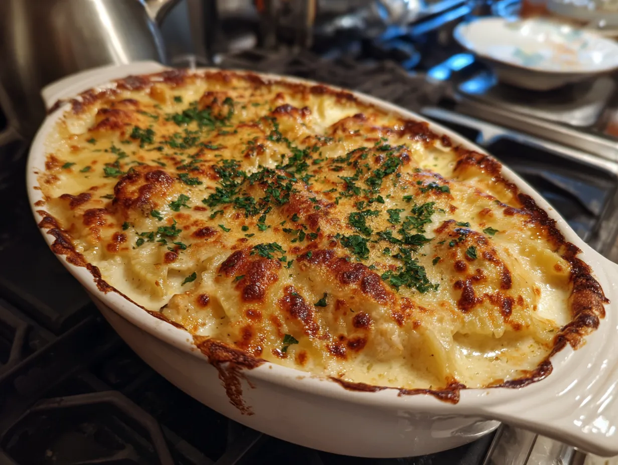A delicious bowl of White Lasagna Soup Recipe garnished with parsley and mozzarella