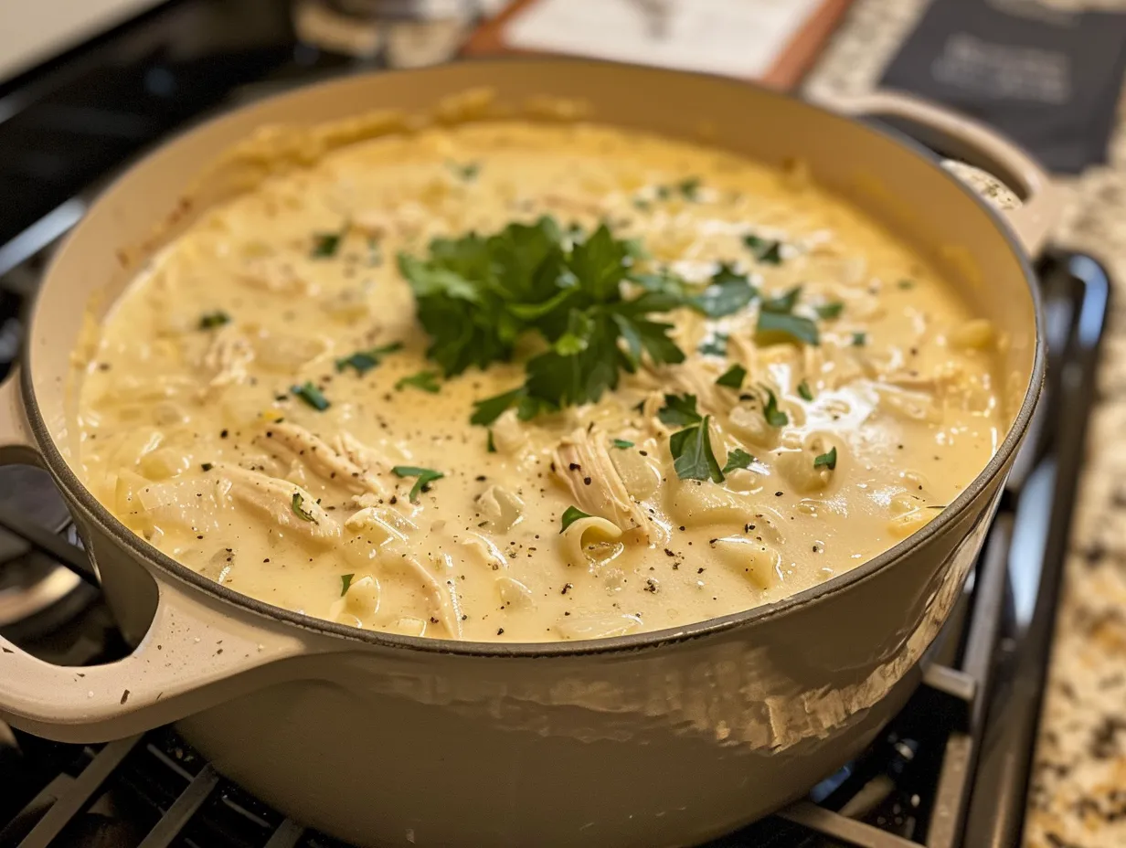 A bowl of Chicken Alfredo Soup, garnished with parsley, sits on a wooden table, showcasing its creamy texture and inviting presentation.
