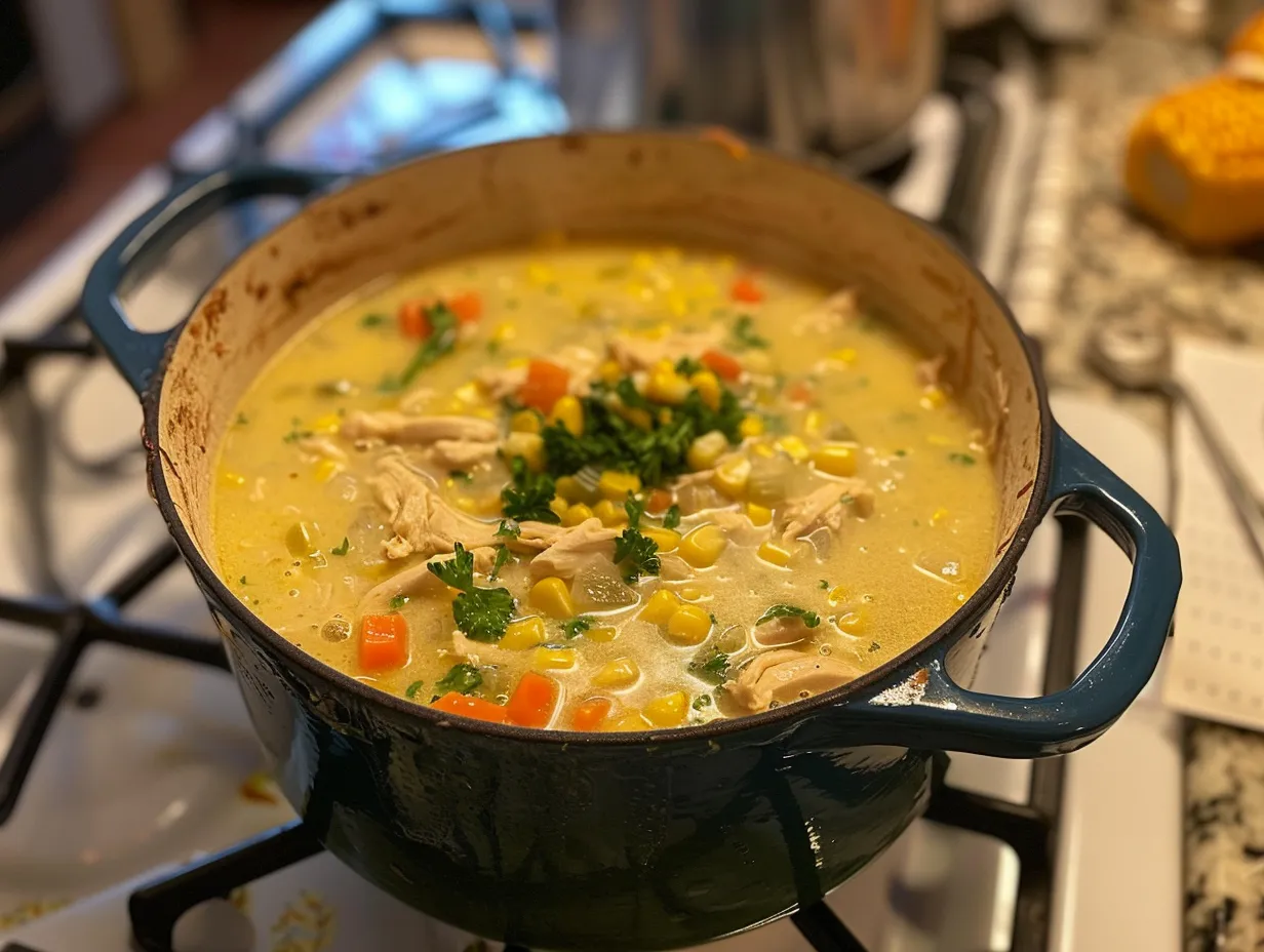 A bowl of creamy, delicious Chicken Corn Chowder garnished with fresh parsley.