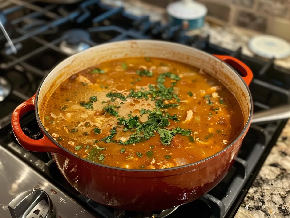 A bowl of Chilis Chicken Enchilada Soup garnished with tortilla strips, cheese, and sour cream.