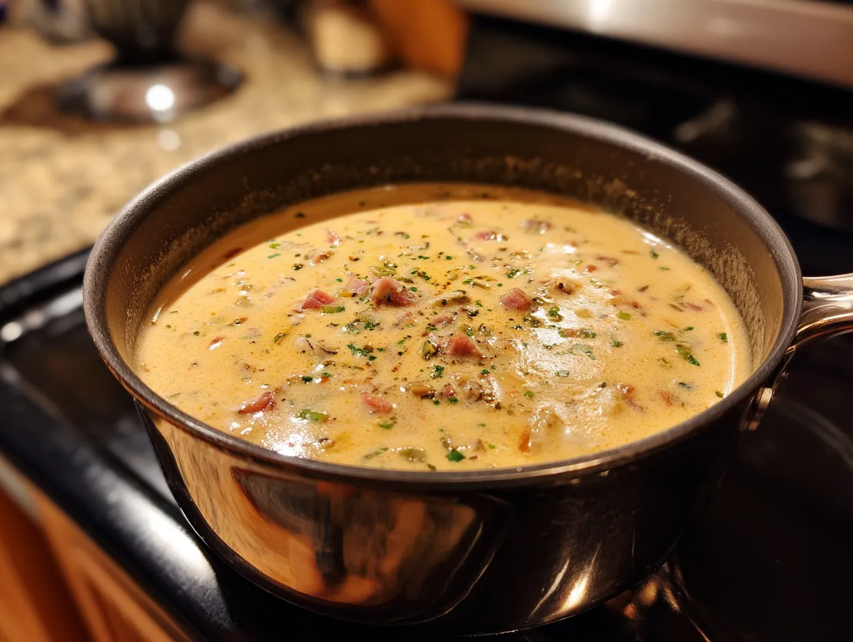 A bowl of creamy reuben soup garnished with parsley and rye croutons on a kitchen table.