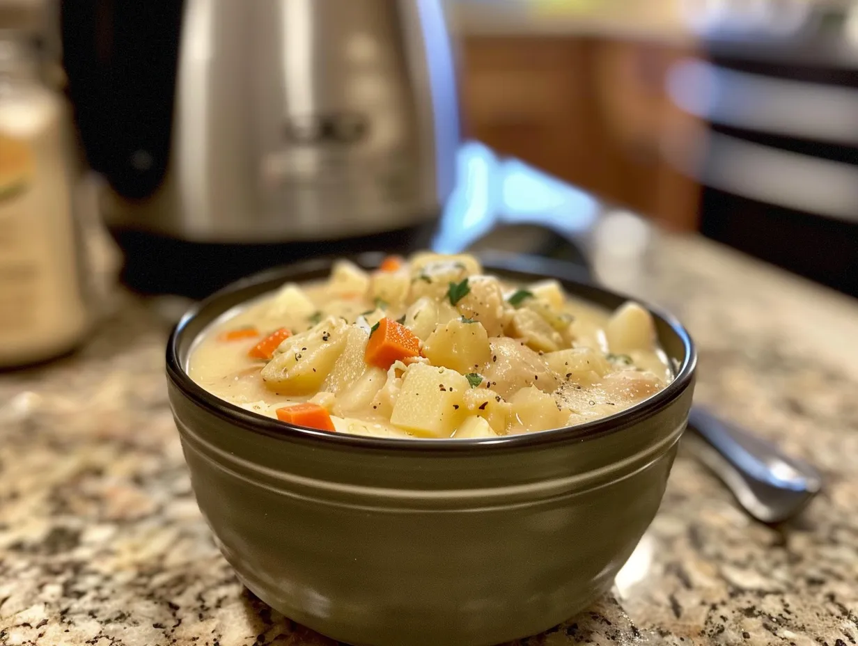 A bowl of finished Crock Pot Crack Potato Soup, garnished with chives and bacon