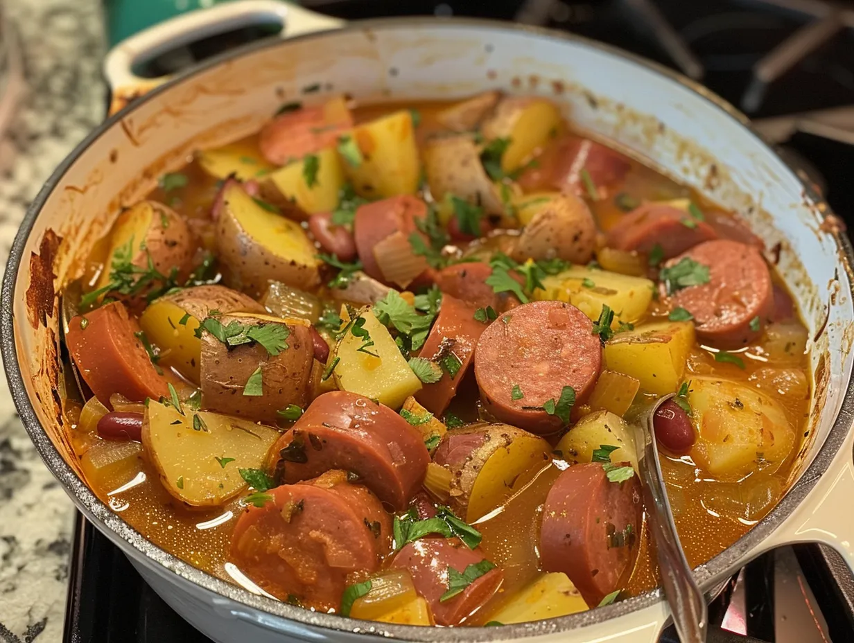 Finished kielbasa potato soup simmering on the stove
