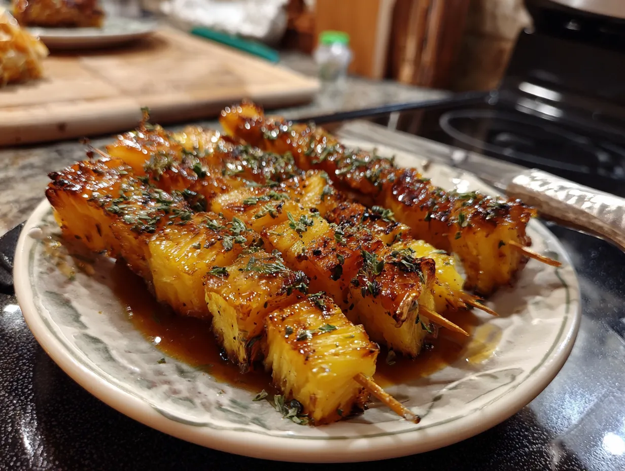 A jar of homemade Pineapple Cowboy Candy sitting on a kitchen counter, showcasing its candied texture and vibrant colors.