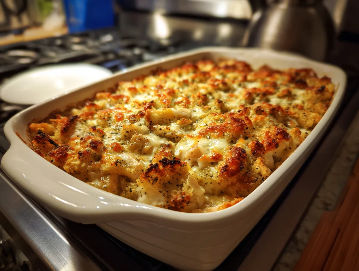 Finished poppy seed chicken casserole with golden brown topping, ready to serve.