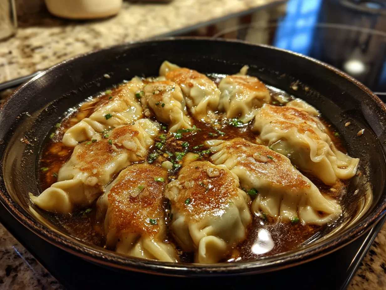 A bowl of finished potsticker soup garnished with green onions and sesame seeds