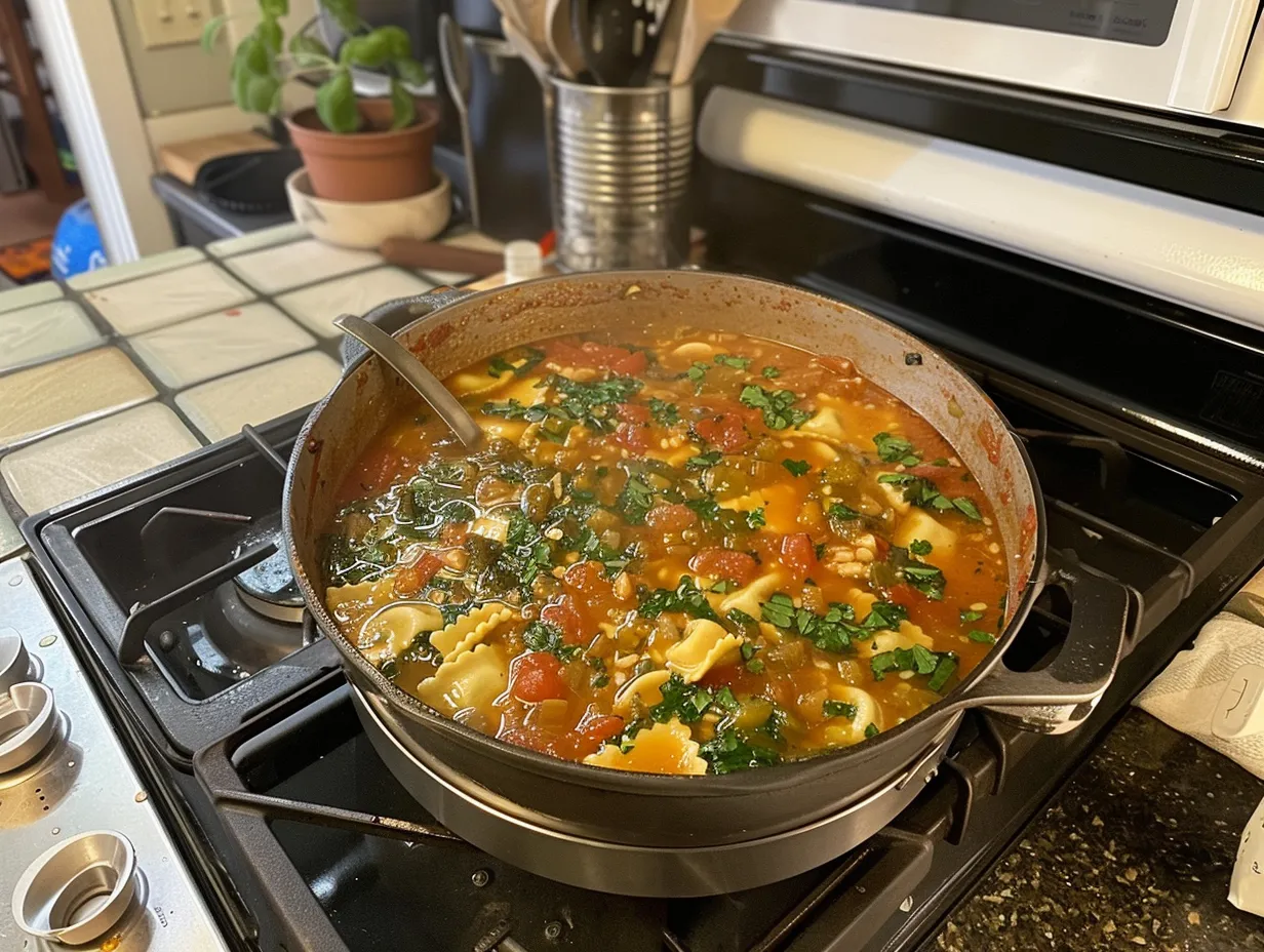 Delicious bowl of finished Ravioli Soup.