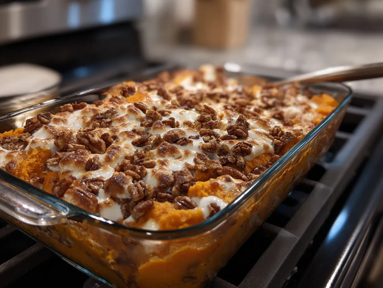 Finished Southern Maple Sweet Potato Casserole with golden brown pecan topping