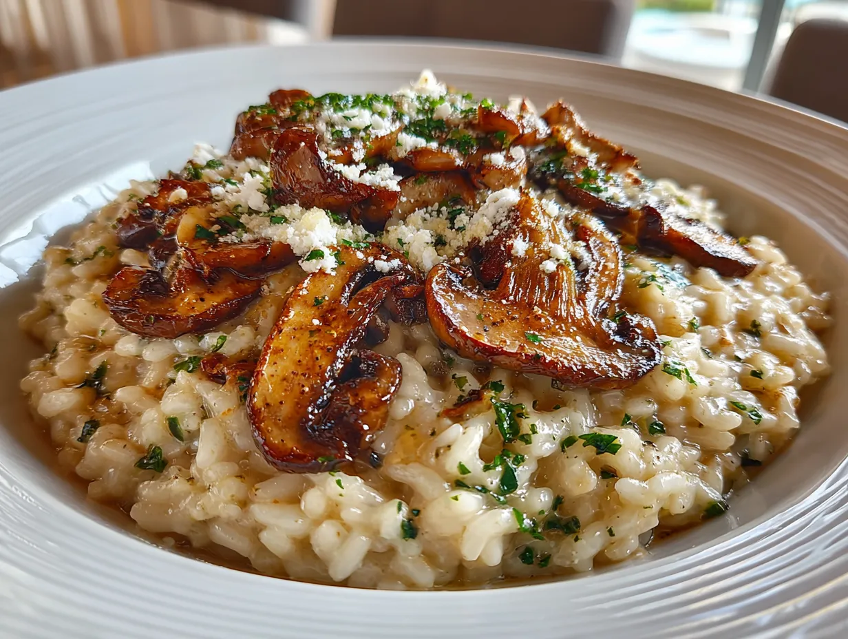 Final creamy mushroom risotto garnished with parsley in a bowl