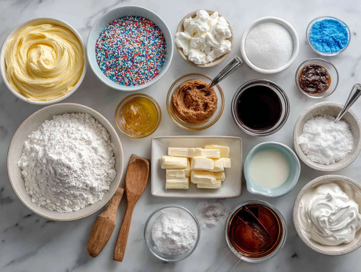Ingredients for No-Bake Cool Whip Candy including chocolate chips, peanut butter, powdered sugar, and Cool Whip