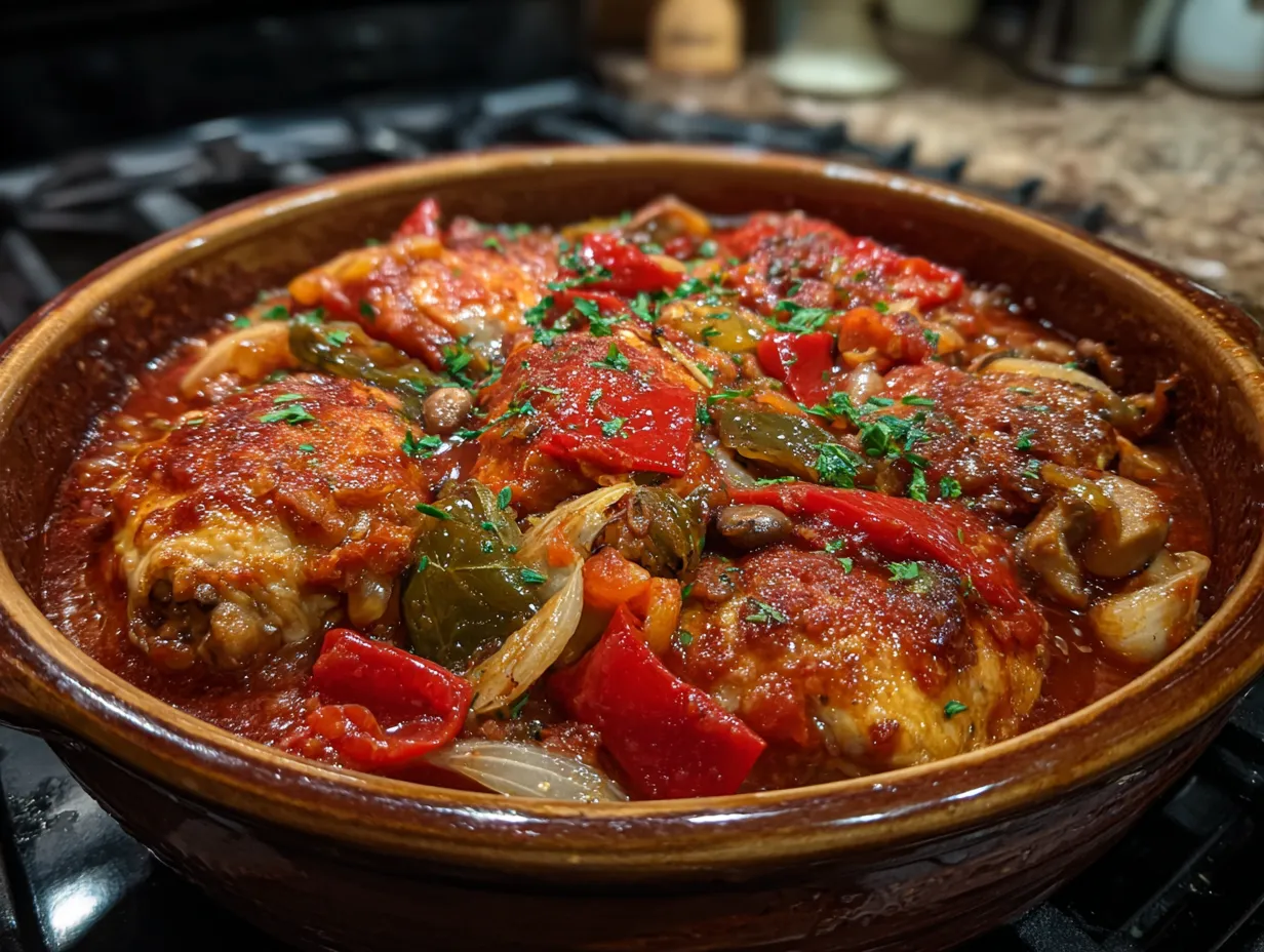 Delicious, homemade slow cooker chicken cacciatore ready to be served