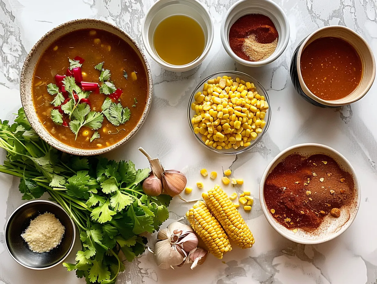 Ingredients for making Chilis Chicken Enchilada Soup including chicken, vegetables, broth, and spices.