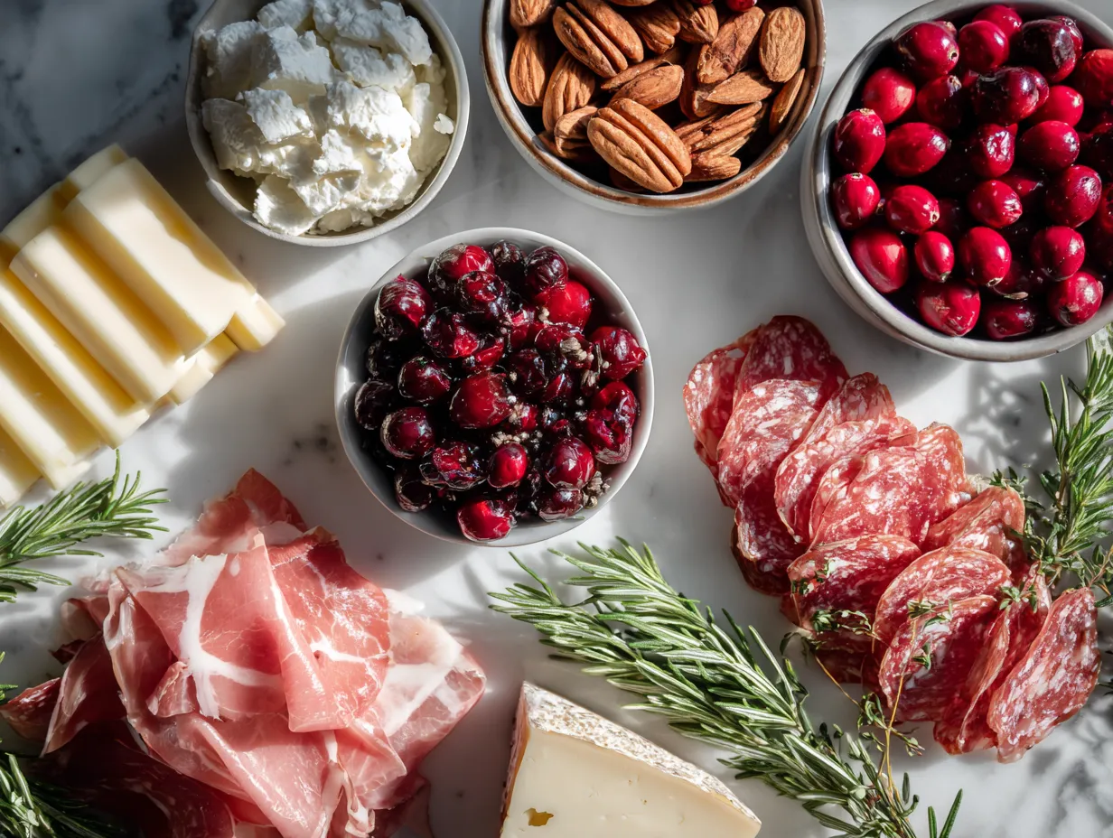 Ingredients needed to assemble a Christmas Tree Charcuterie Board.