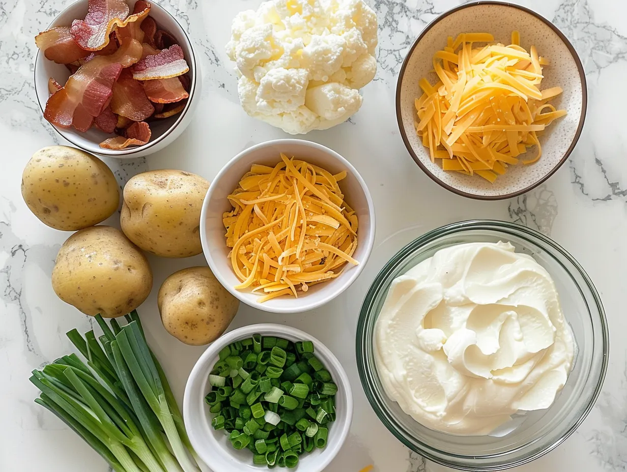 Ingredients needed to make Crock Pot Crack Potato Soup, including potatoes, bacon, cheese, and spices