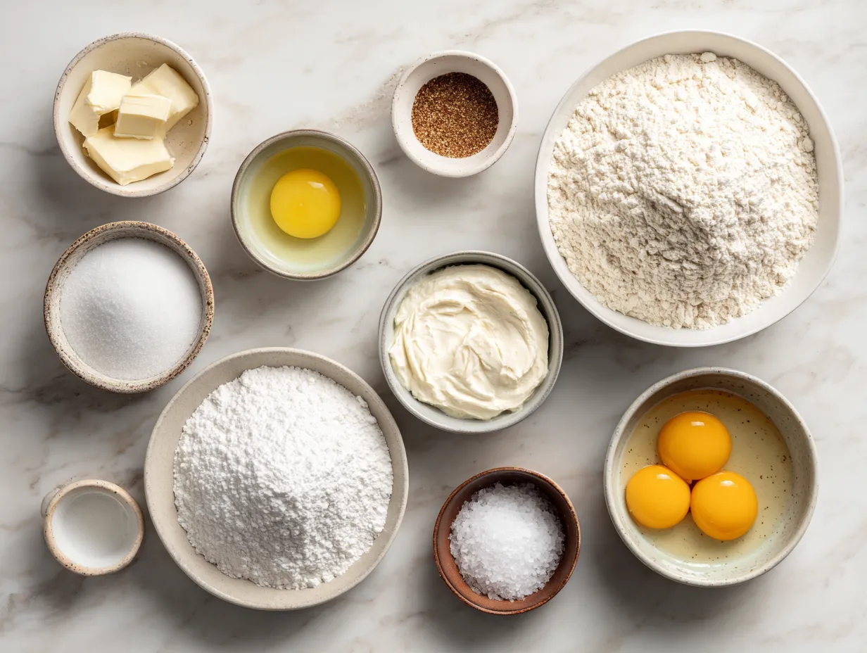Ingredients for poppy seed chicken casserole, including chicken, soup, sour cream, mayonnaise, poppy seeds, crackers, and butter.