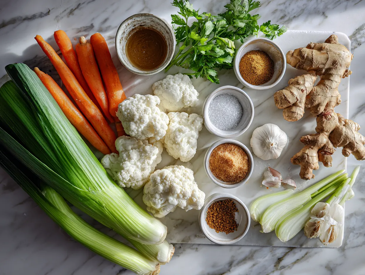 Potsticker soup ingredients including sesame oil, garlic, chicken broth, potstickers, and vegetables
