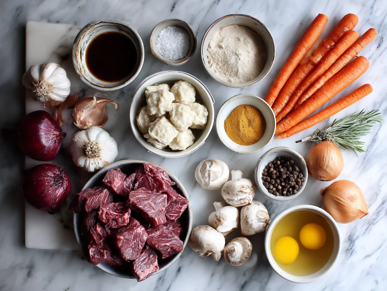 Raw ingredients for making homemade beef stew and dumplings.