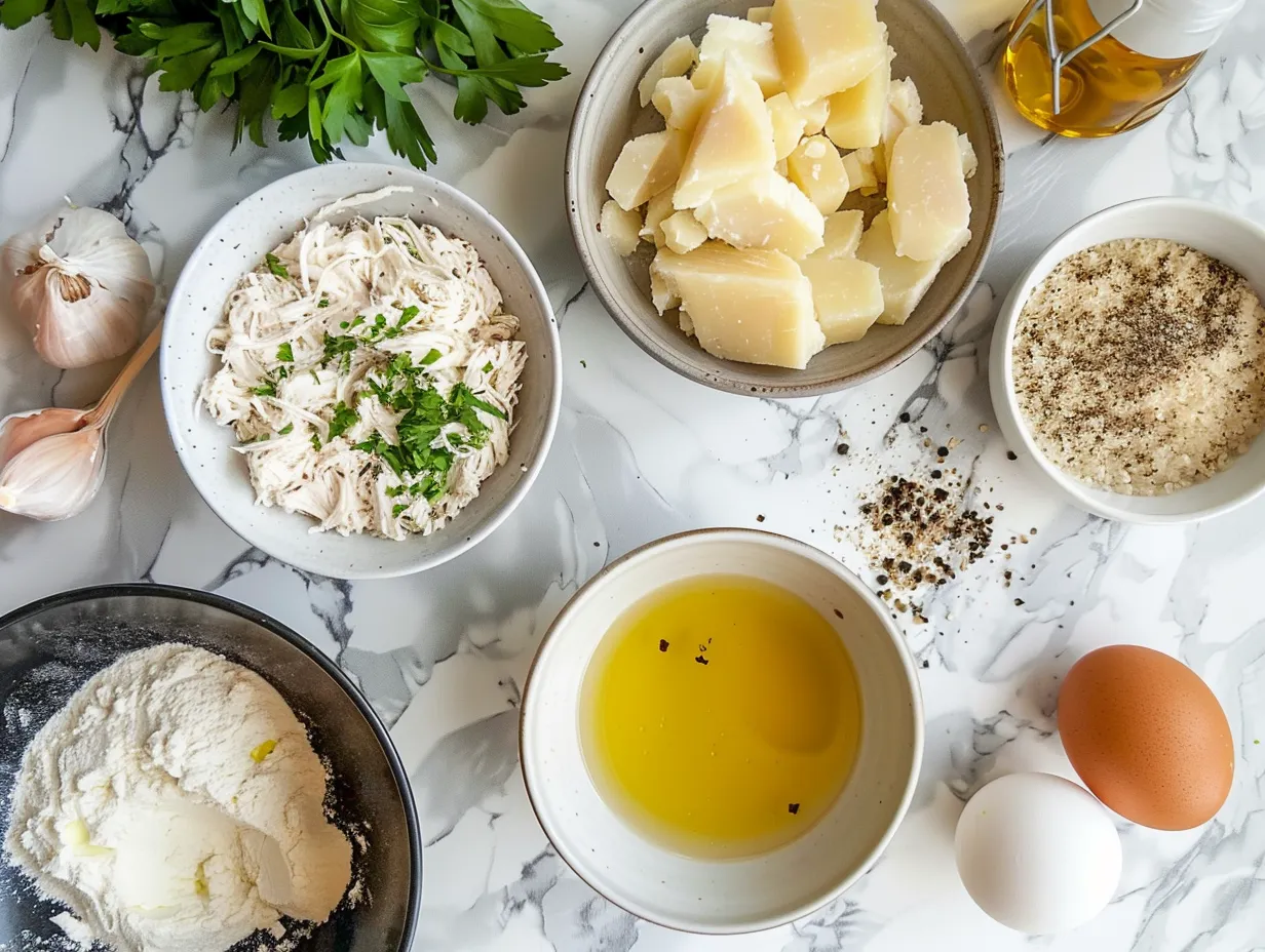 Raw ingredients for preparing Chicken Alfredo Soup, including chicken, vegetables, pasta, and dairy.