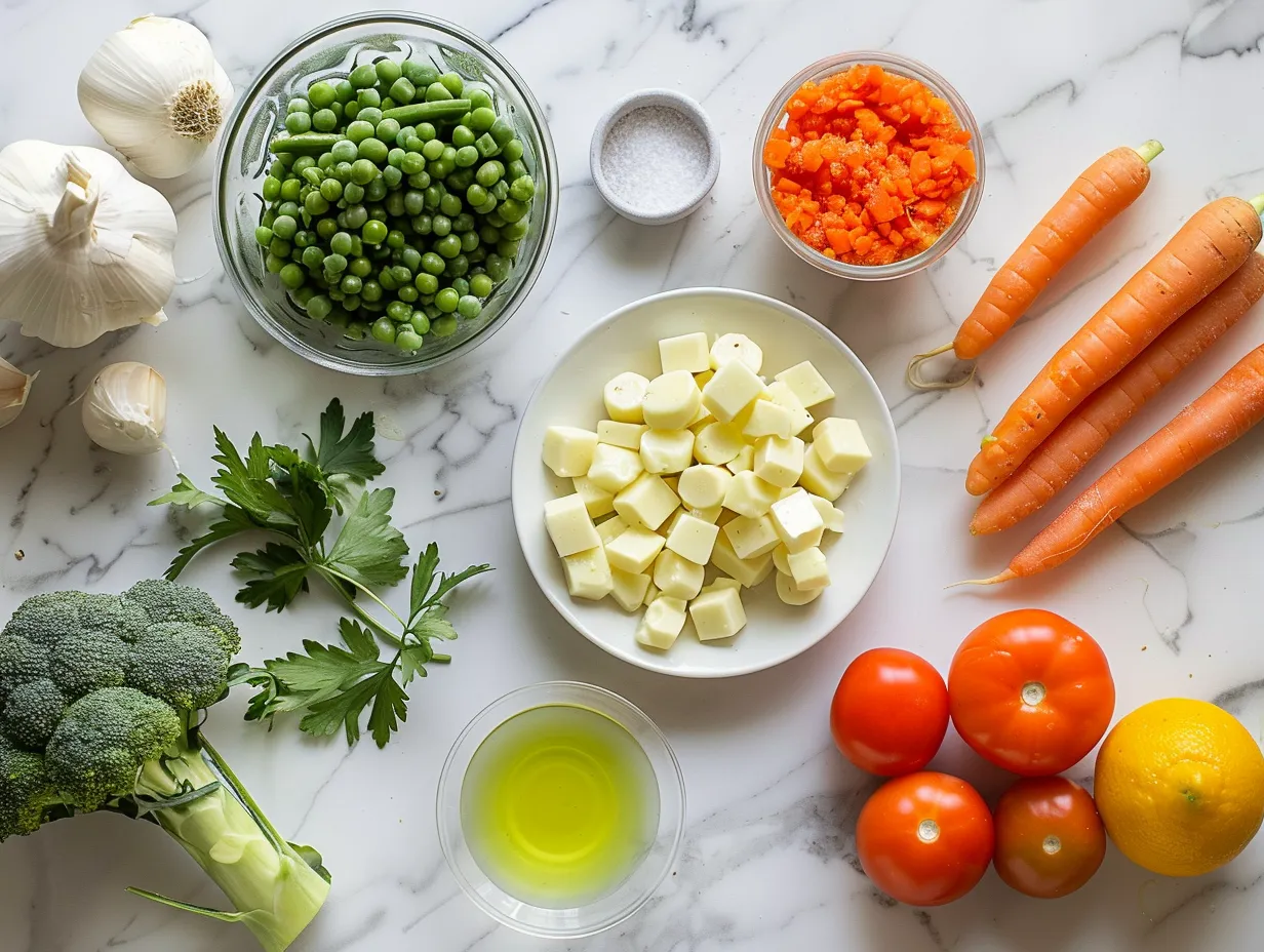 Raw ingredients including olive oil, chopped vegetables (onion, carrots, celery), garlic, chicken broth, shredded chicken, canned creamed corn, canned whole kernel corn, diced potatoes, heavy cream, dried thyme, salt, pepper, and fresh parsley for making Chicken Corn Chowder.