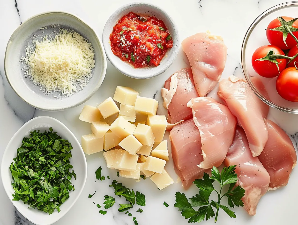 Raw ingredients for homemade Chicken Parmesan Soup including chicken, vegetables, cheese, and spices