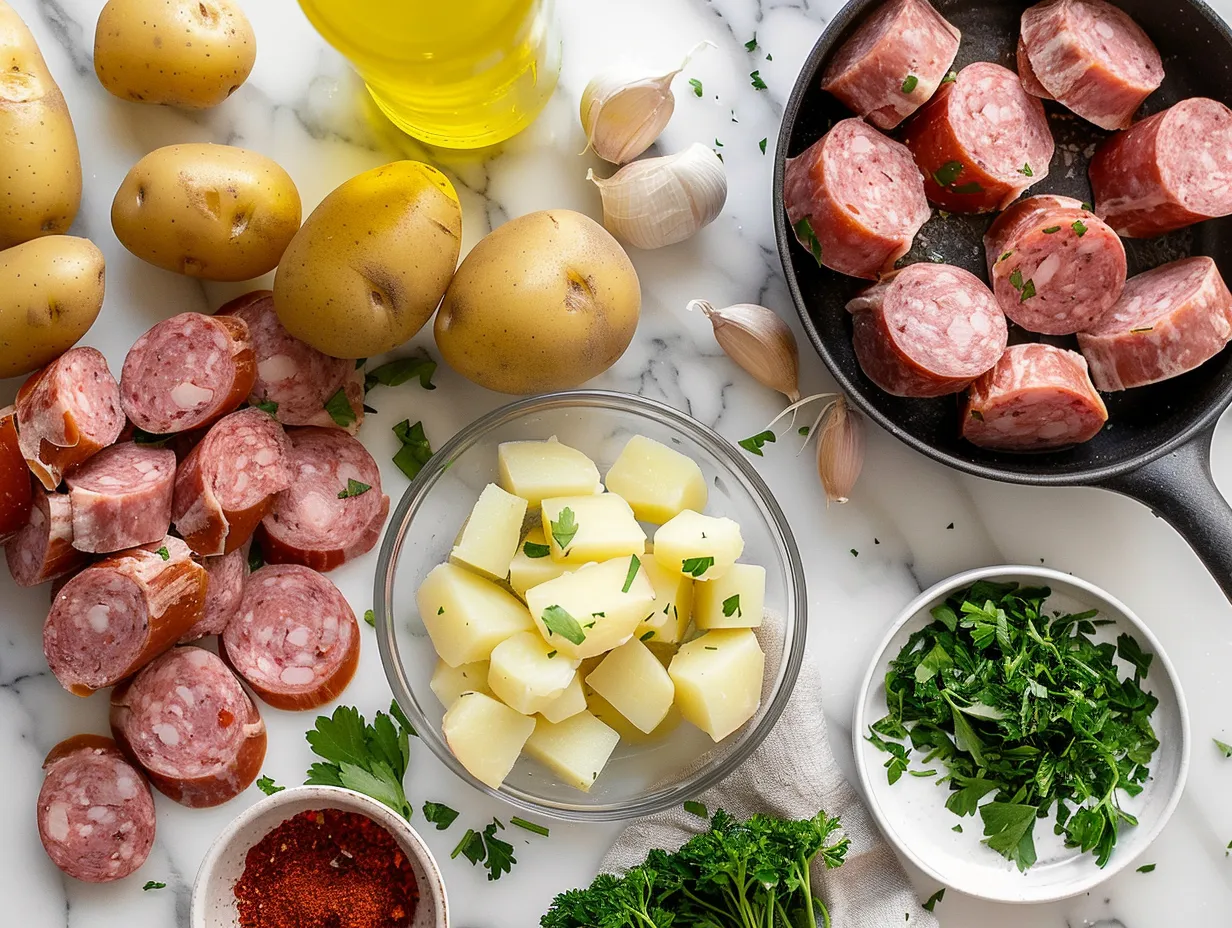 Raw ingredients needed to make kielbasa potato soup