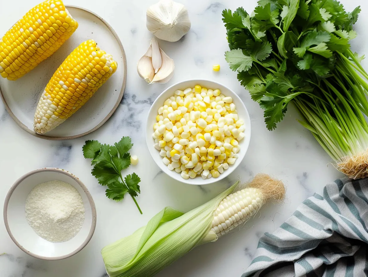 Ingredients for Mexican Street Corn Soup: corn, onion, garlic, jalapeno, cilantro, lime, and cotija cheese