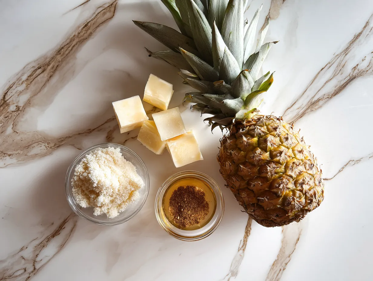 Ingredients for Pineapple Cowboy Candy: fresh pineapple, sugar, apple cider vinegar, jalapenos, and spices.