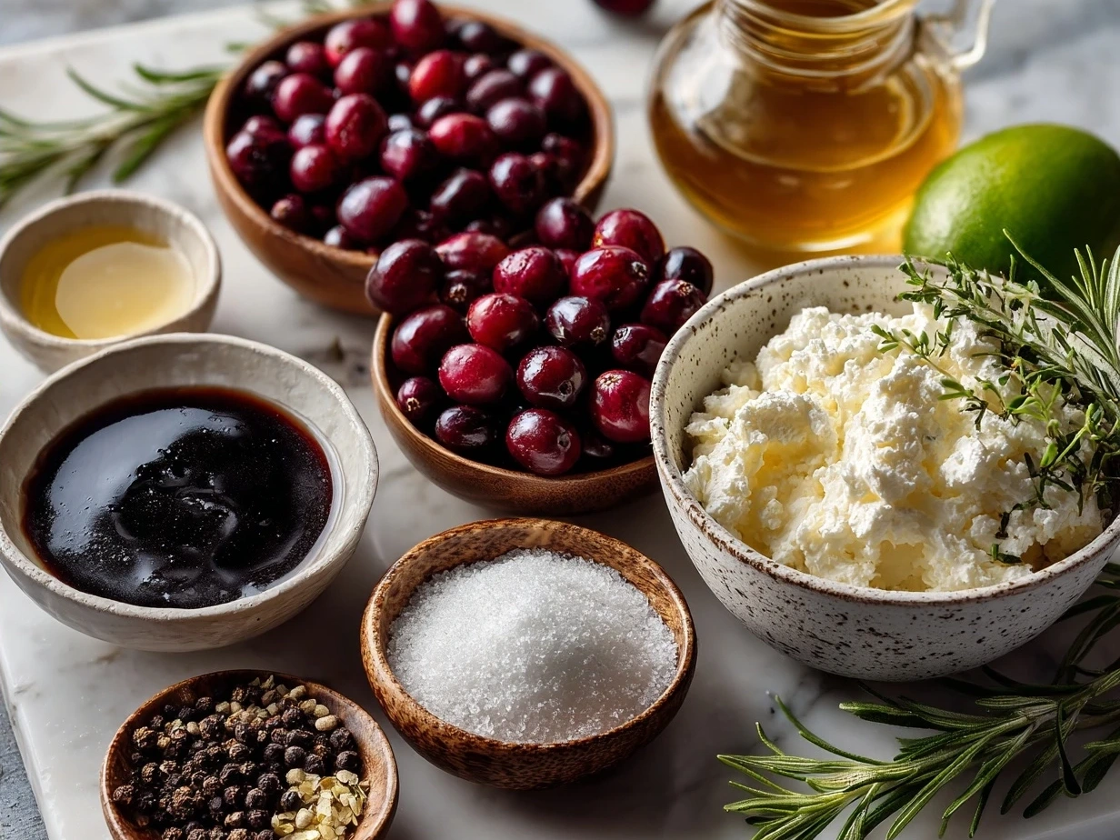 Ingredients for Cranberry Jalapeno Cream Cheese Dip laid out on a surface