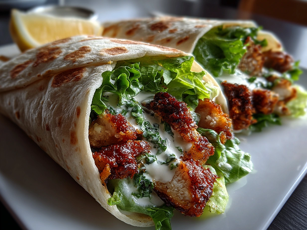 A perfectly constructed Chicken Caesar Wrap, ready to eat.