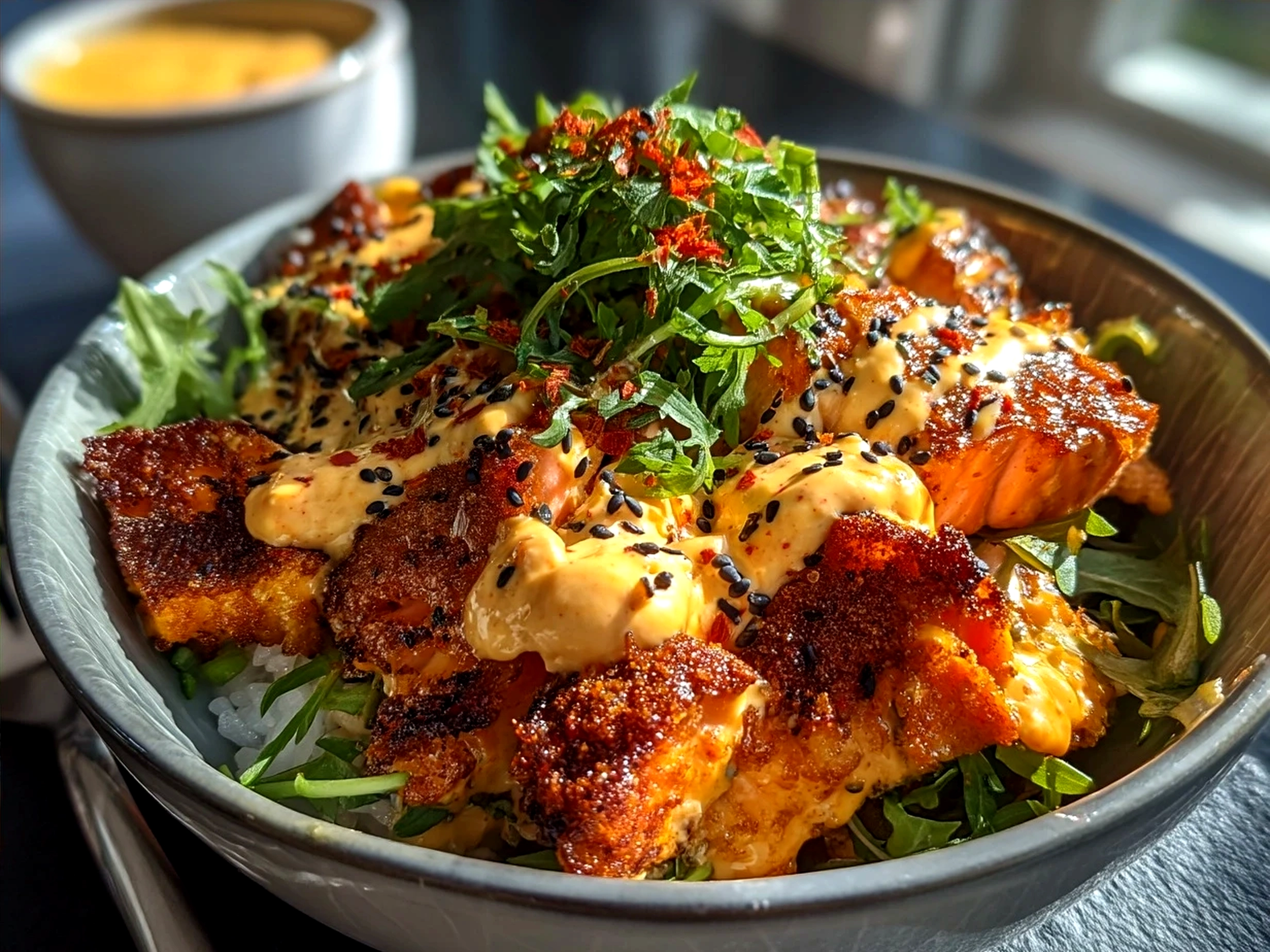 Air Fryer Salmon Bowl With Spicy Mayo served with fresh veggies and garnished with green onions