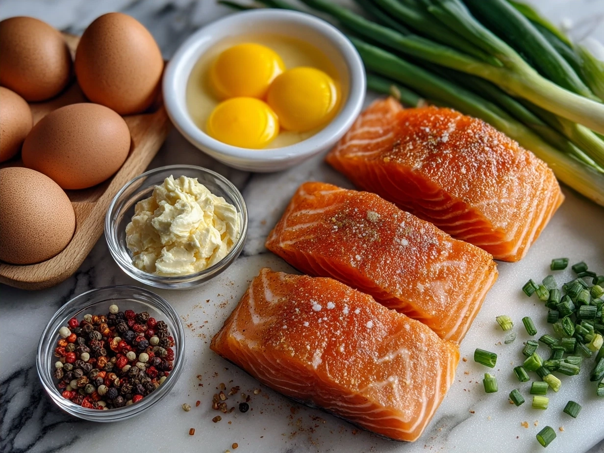 Ingredients for Air Fryer Salmon Bowl With Spicy Mayo including salmon fillets, olive oil, veggies, and spicy mayo sauce