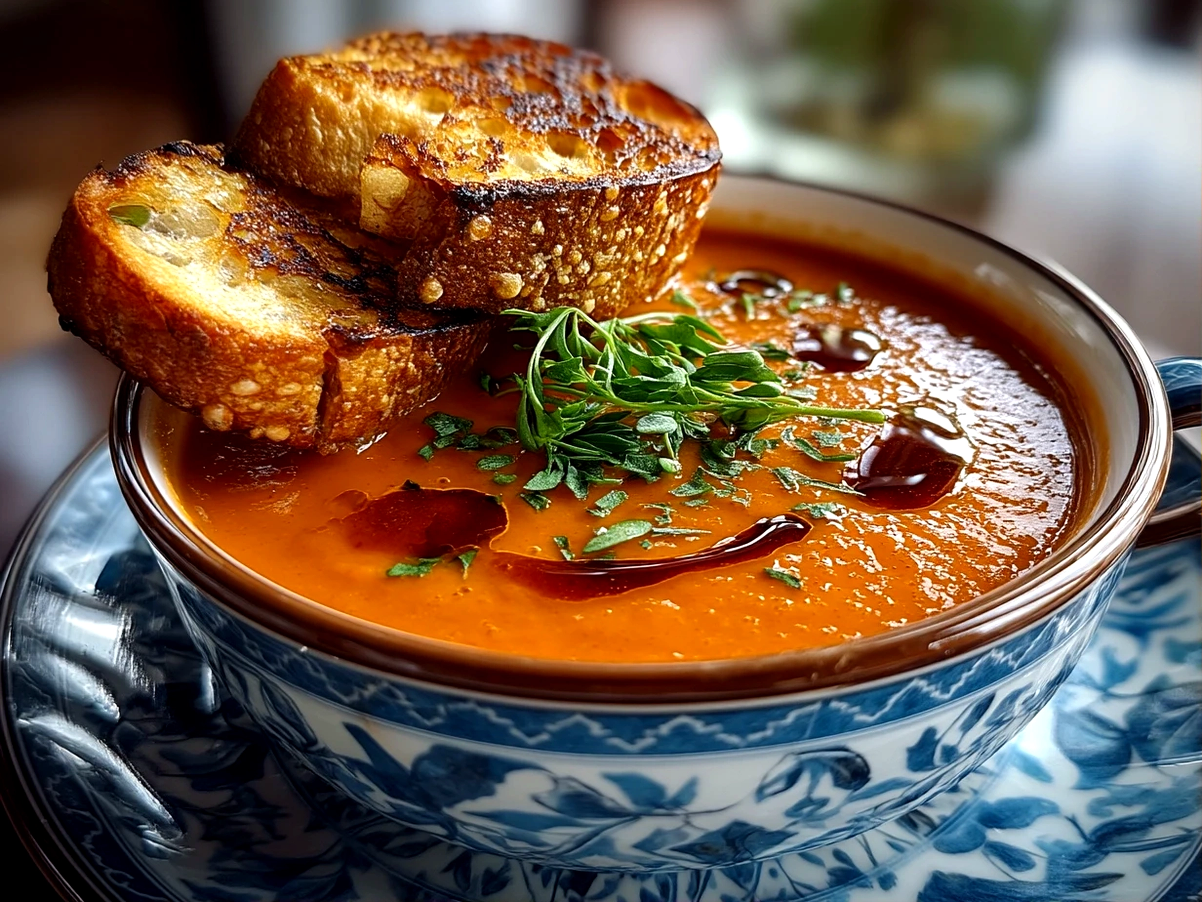 Close up finished creamy roasted red pepper gouda soup in bowl, rich and inviting