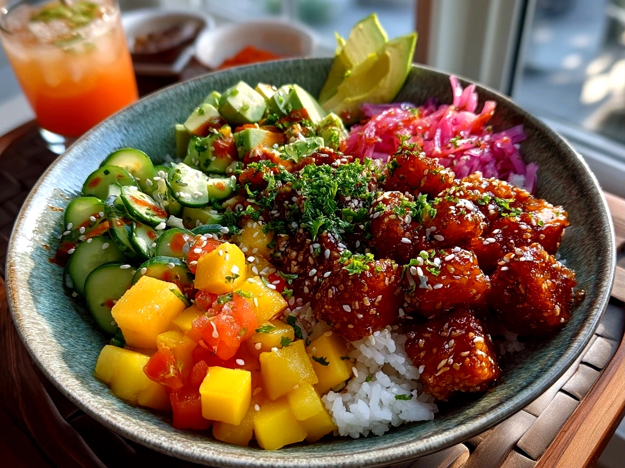 Close-up finished delicious vegan poke bowl with fresh vibrant colors