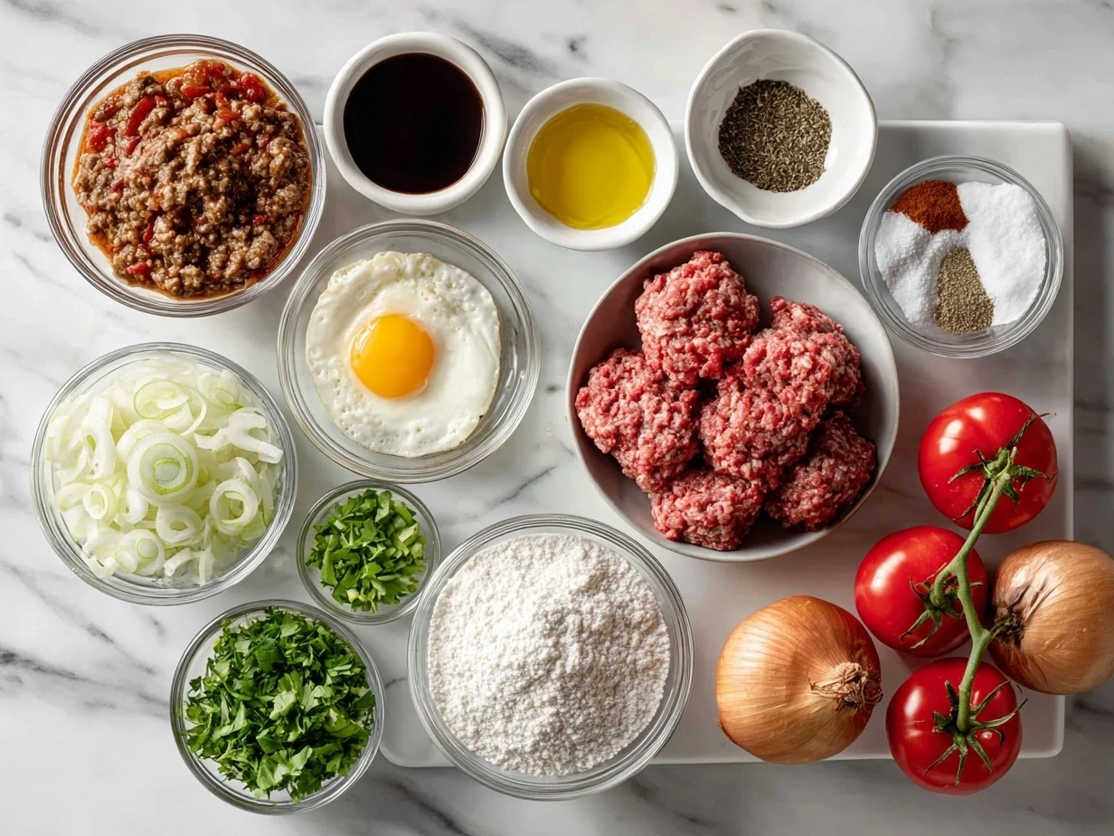Ingredients for Amish Hamburger Steak Bake laid out on a kitchen counter