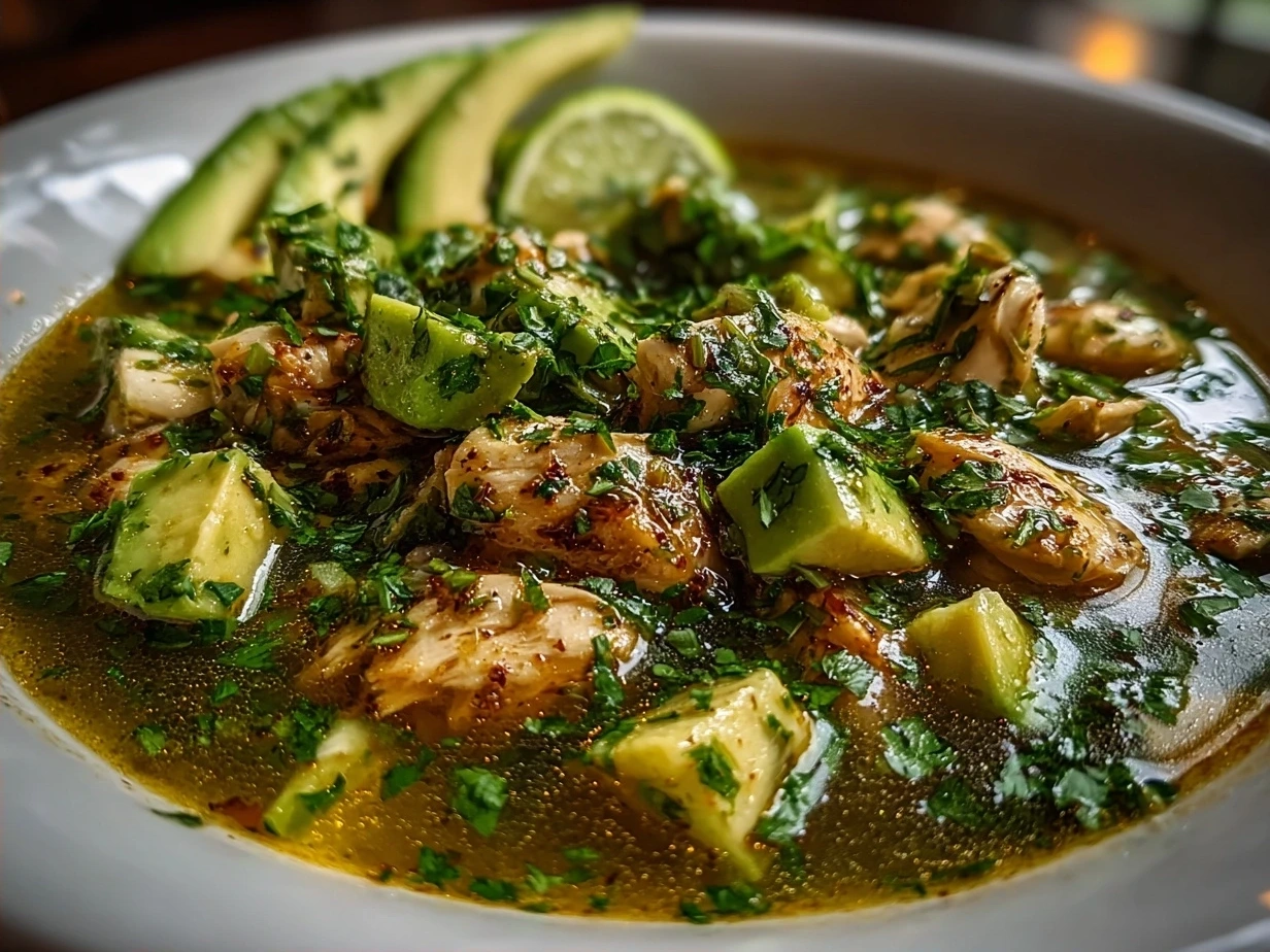 Bowl of Authentic Crockpot Chicken Pozole Verde garnished with shredded cabbage, lime wedges, cilantro, and sliced radishes