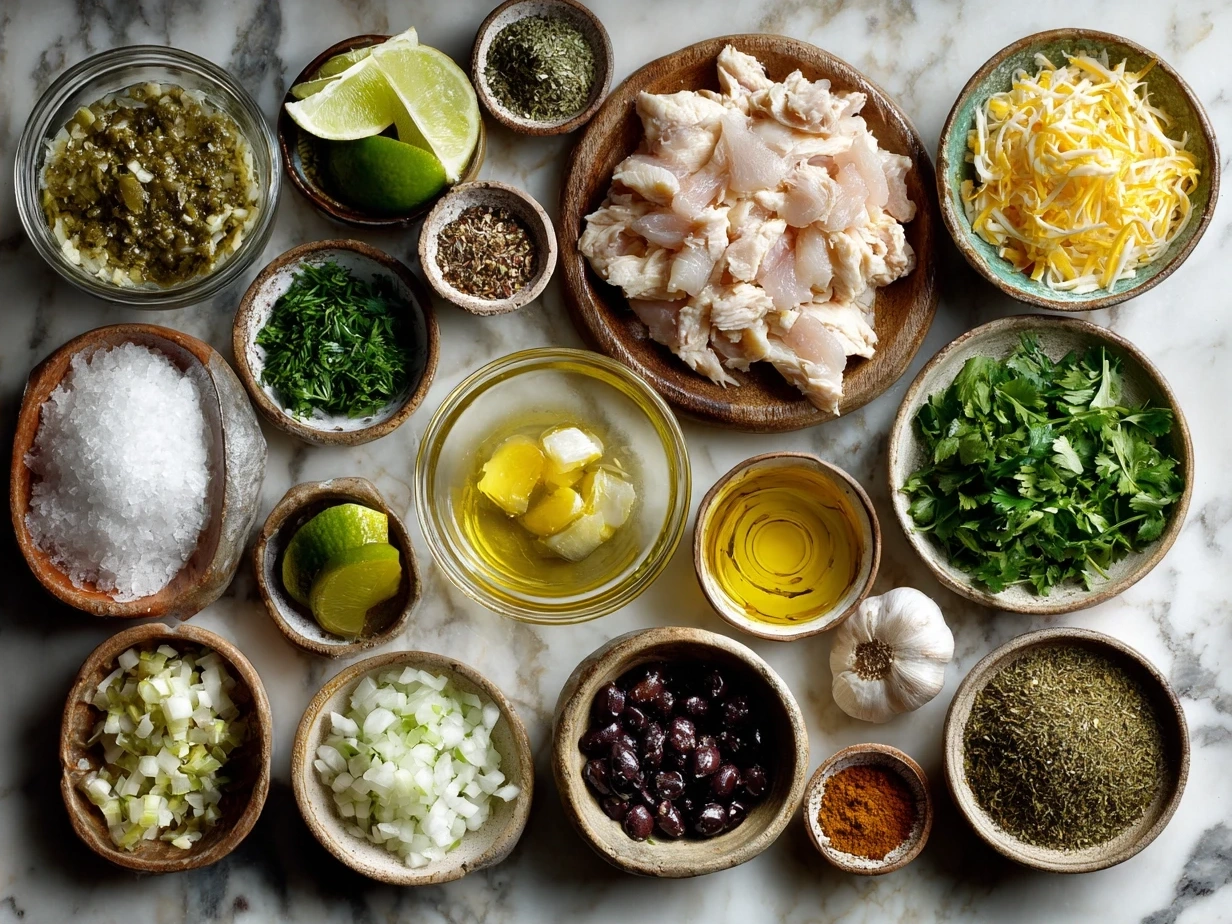 Ingredients for Authentic Crockpot Chicken Pozole Verde laid out including tomatillos, poblano peppers, chicken thighs, hominy, garlic, onion, and spices