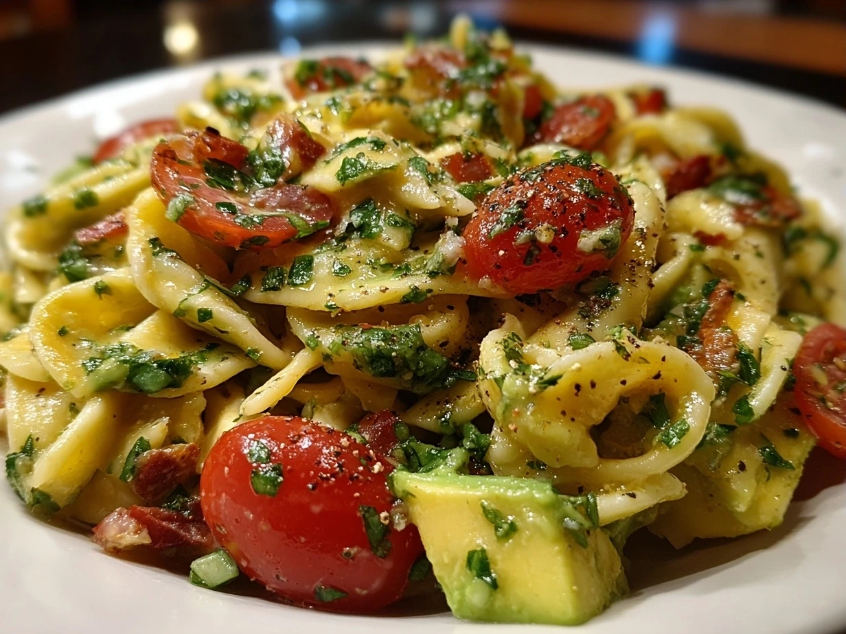 Serving bowl of Avocado Pasta Salad garnished with basil leaves and lime wedges