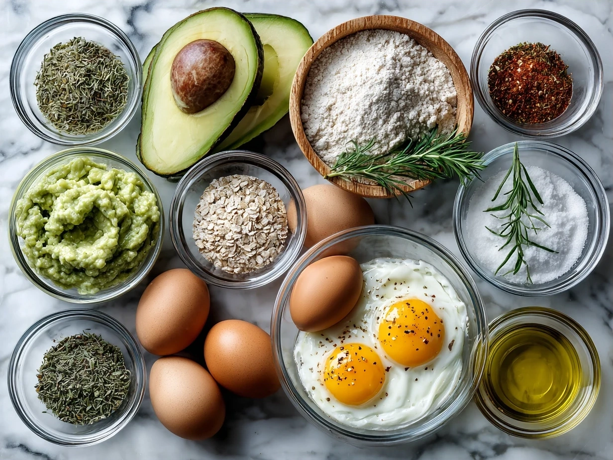 Ingredients for Avocado Pasta Salad including ripe avocados, pasta, cherry tomatoes, cucumber, and fresh basil