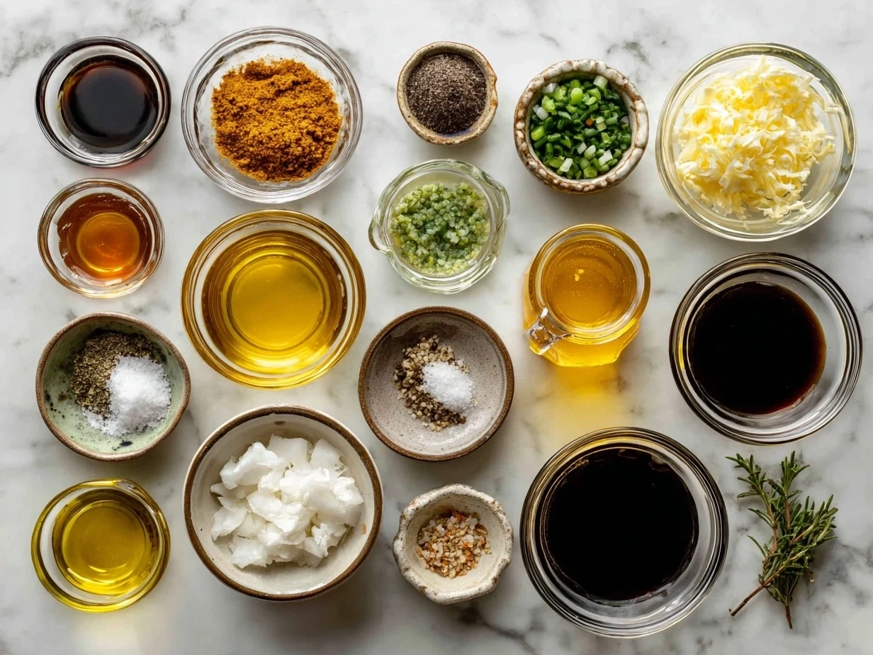 Ingredients for a homemade balsamic vinaigrette recipe including balsamic vinegar, olive oil, garlic, and spices