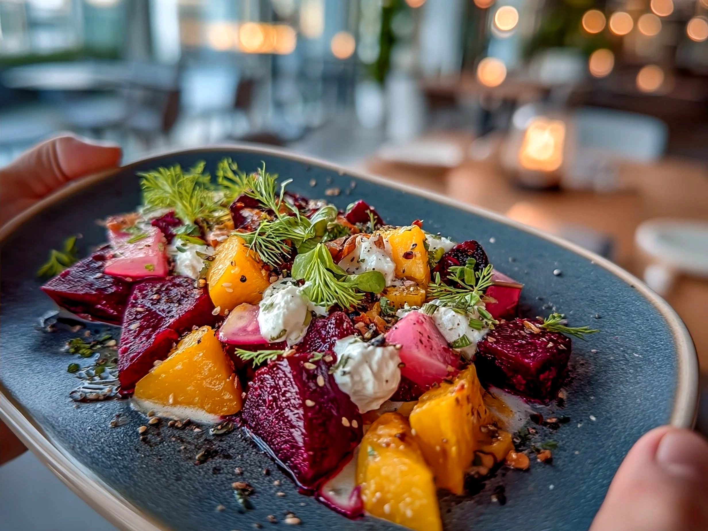 Served beet salad with arugula, walnuts, and crumbled goat cheese on a festive table