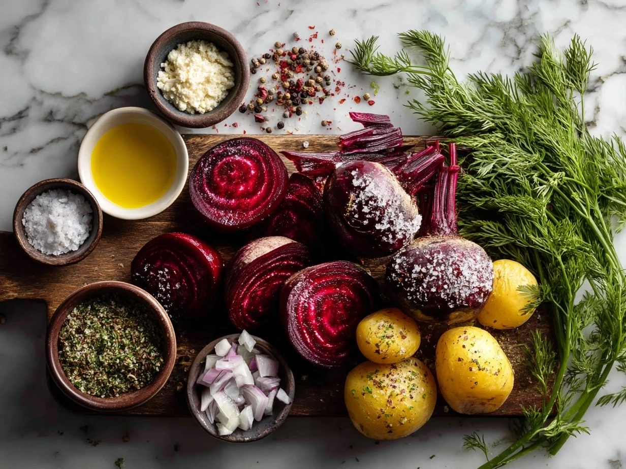 Ingredients for fresh beet salad including beets, arugula, goat cheese, walnuts, olive oil, and balsamic vinegar
