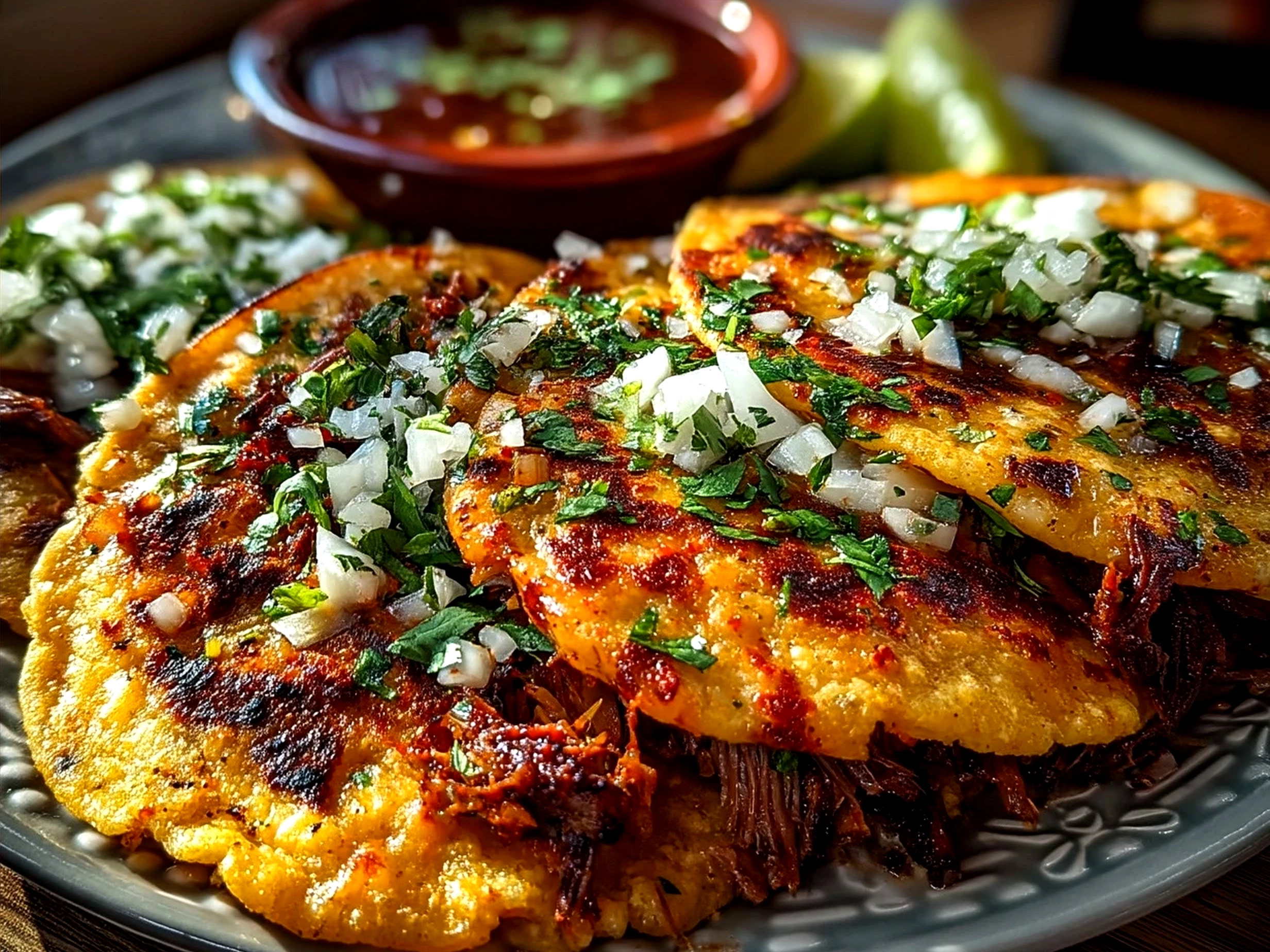 Finished delicious birria tacos garnished with cilantro and onions ready to serve