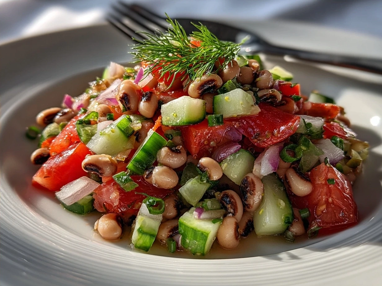 Bowl of finished Black-Eyed Pea Salad garnished with fresh herbs ready to serve
