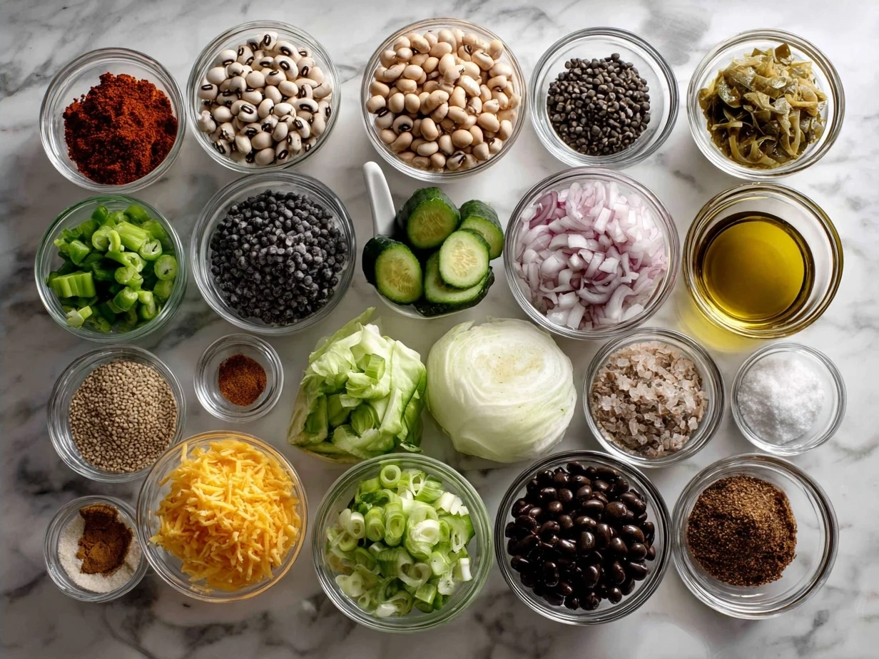 Fresh ingredients for Black-Eyed Pea Salad including black-eyed peas, cherry tomatoes, red bell pepper, red onion, parsley, and cilantro