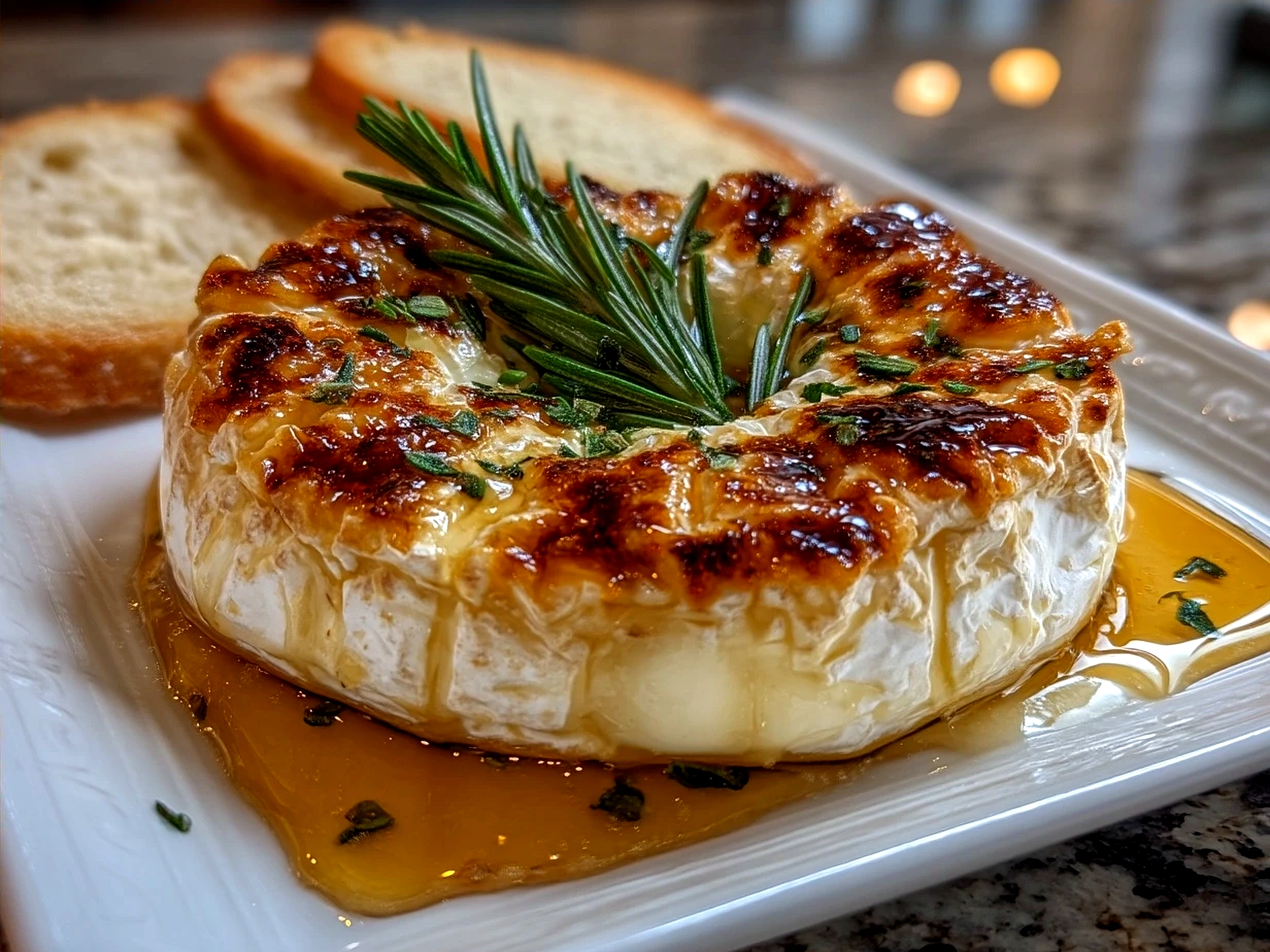 Final serving of Brie Cheese Wheel with Rosemary Wreath surrounded by crackers and fresh fruit